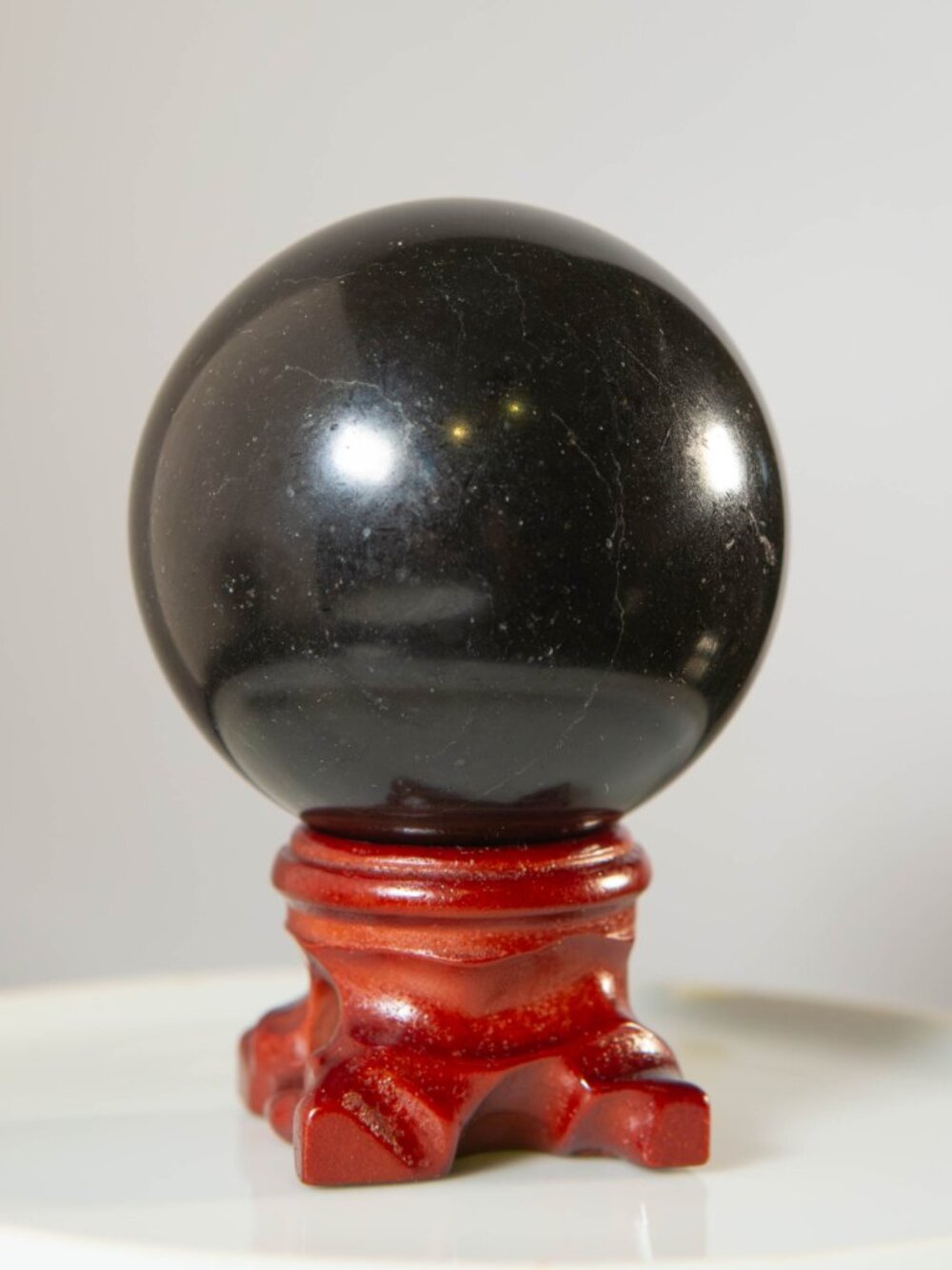 Natural Black Obsidian Crystal Sphere 2" w/ Wooden Stand - Picture 5 of 6